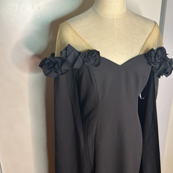 Marchesa Notte Flower Detail Illusion Shoulder Cape Gown